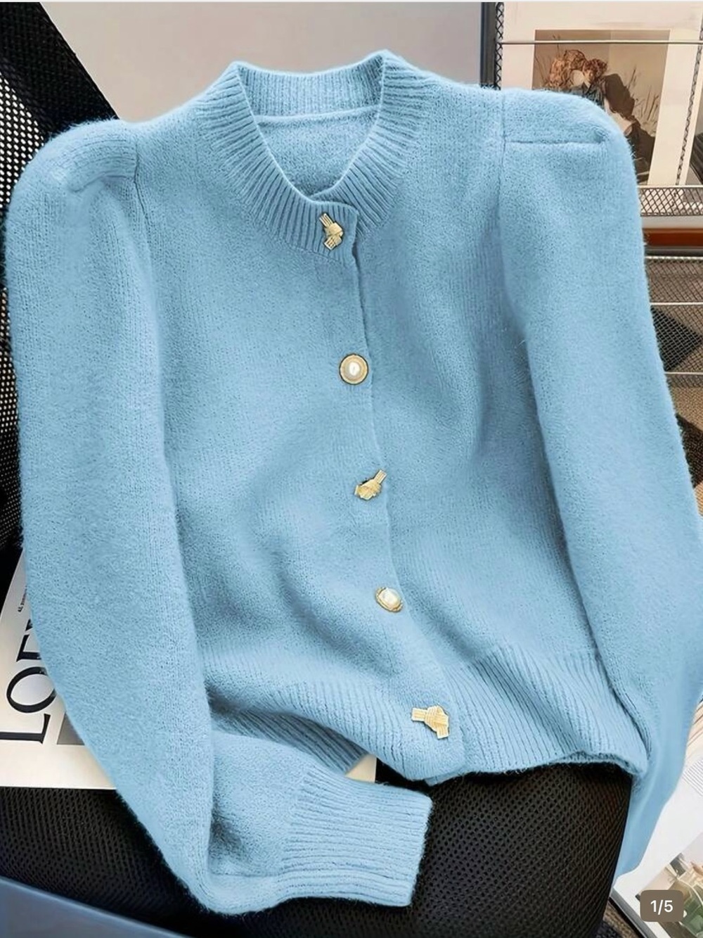 🌺🌺NWT Light Blue Puff-Sleeve Knit Cardigan Sweater Size XL